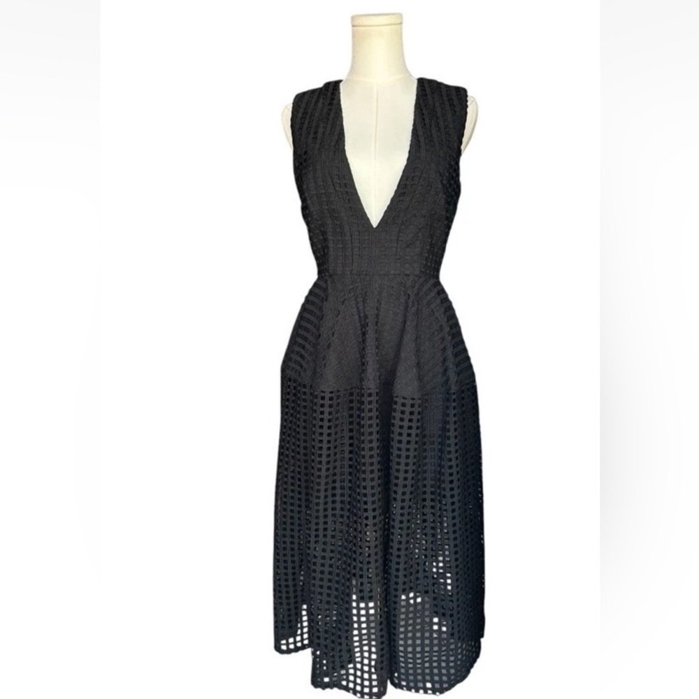 Nicholas Black Grid Lace Deep V Ball Midi Dress Size US 4 - Picture 6 of 13